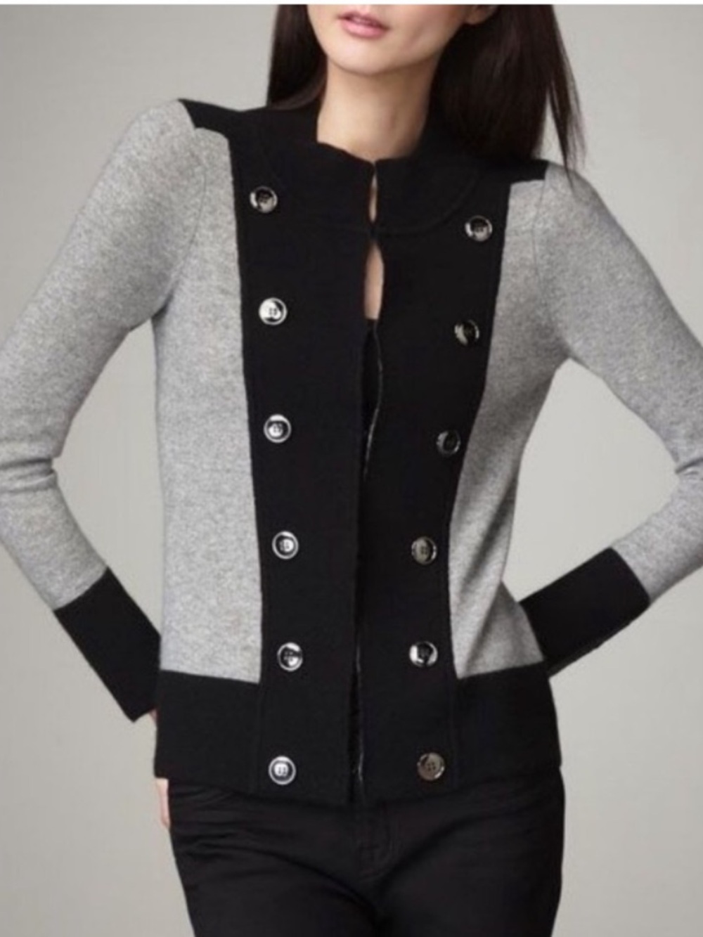 Neiman Marcus 100% Cashmere Military Inspired Cardigan Sweater Black/Grey Medium